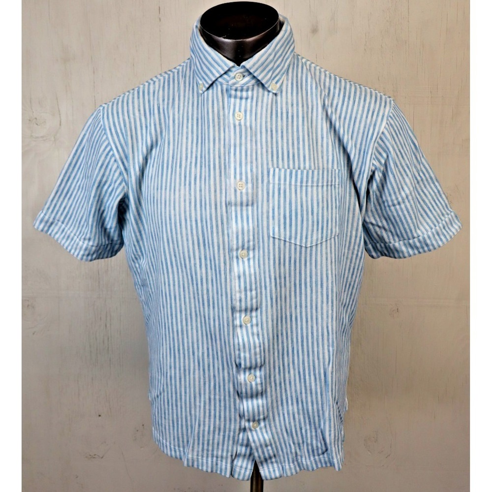 Left Coast Tee Shirt Mens XL Blue White Striped Short Sleeve Button Up Cotton